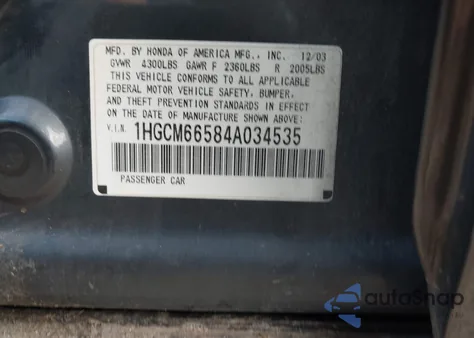 2004 Honda Accord 3.0 Ex from USA, damaged, VIN 1HGCM66584A034535